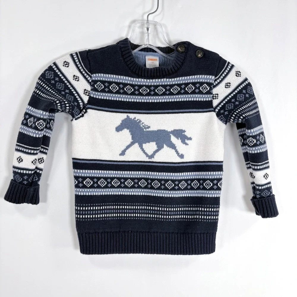 Gymboree Sweater Navy Blue‎ Horse Fair Isle Knit Cotton Kids 4T 7000444